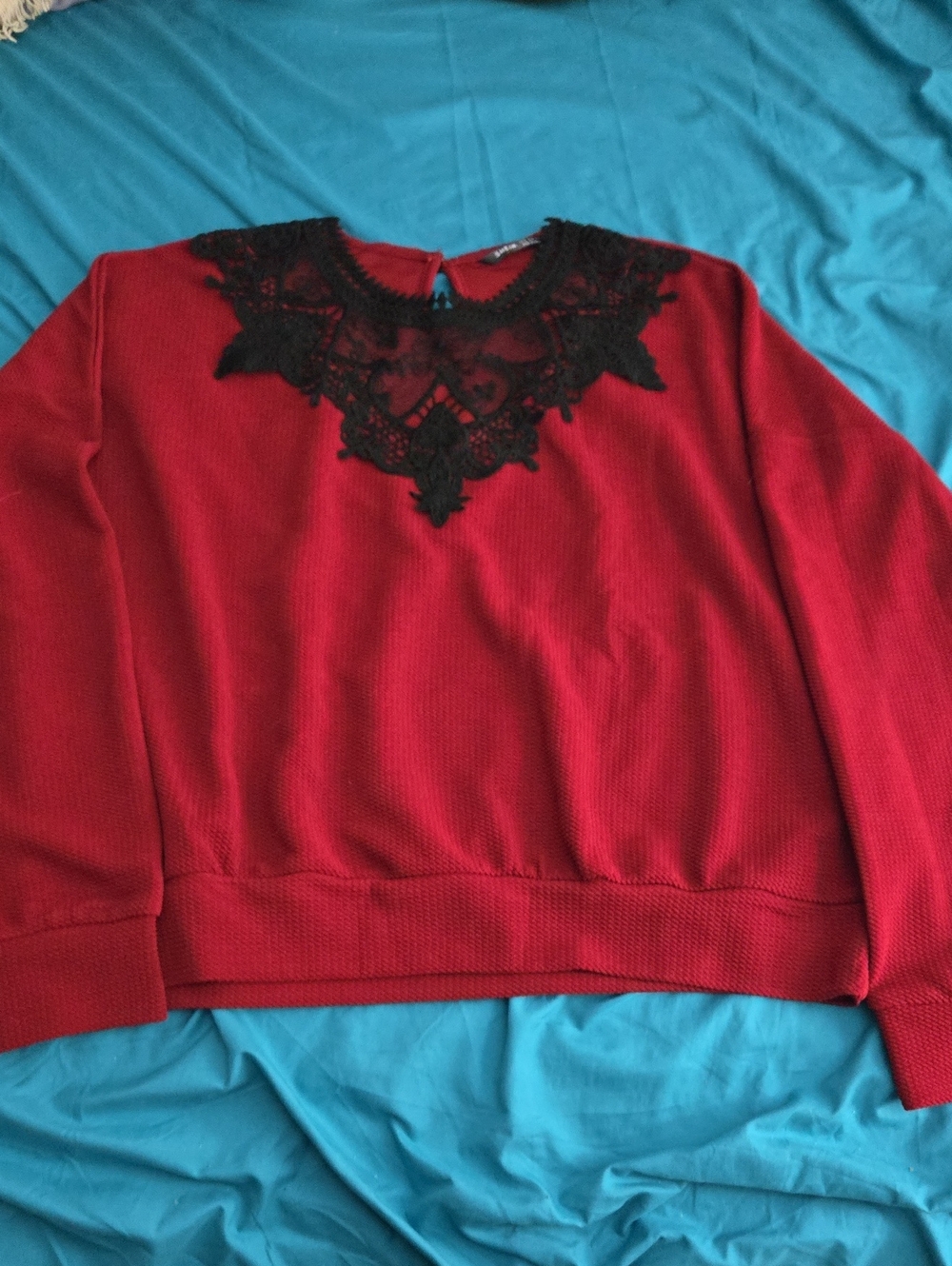 SHEIN Red Crewneck Sweater with Black Lace Trim